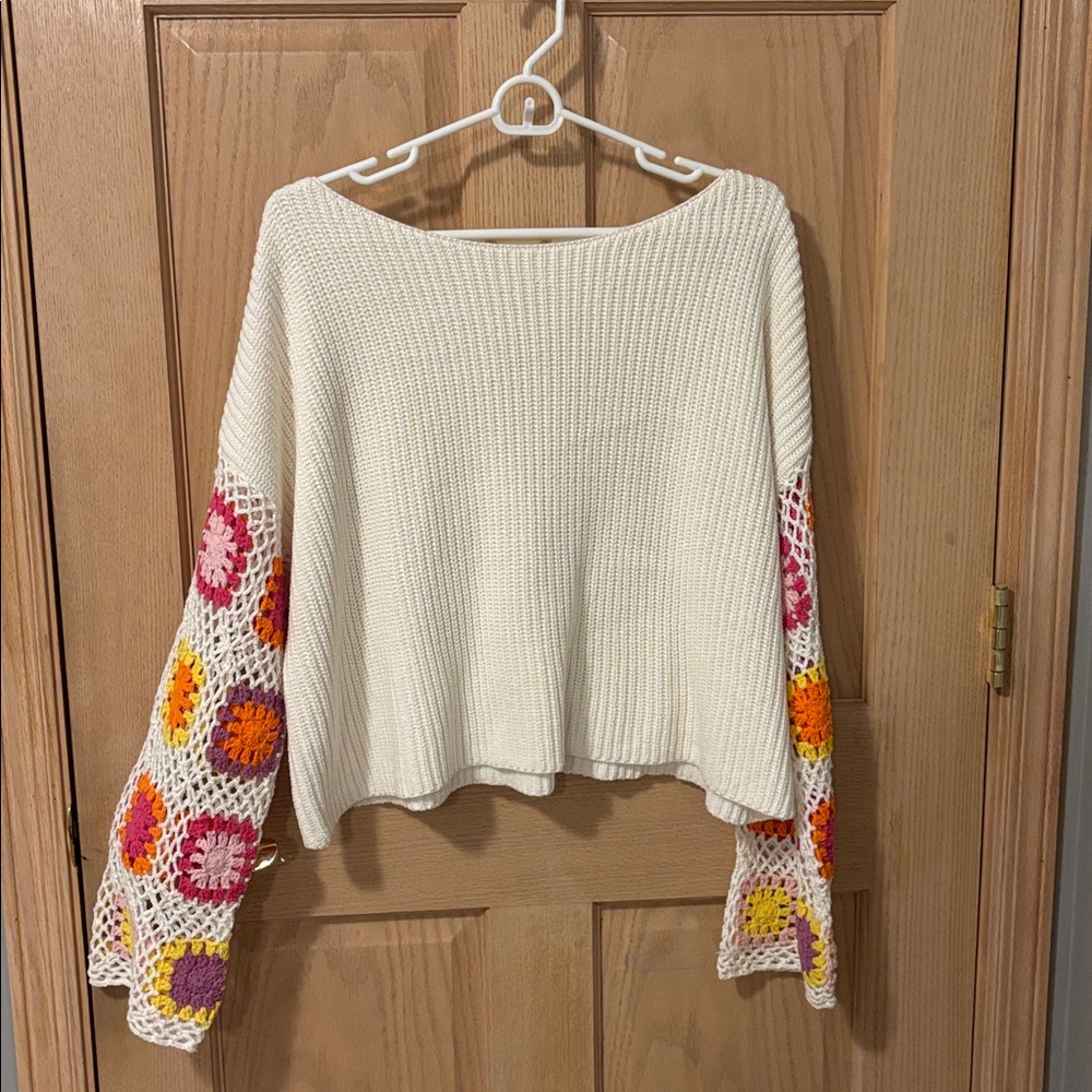 Cream Crochet-Sleeve Crewneck Sweater with Pink & Orange Accents